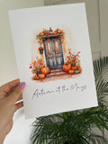 Personalised Autumn At The "Surname" Or “House Number” Watercolour Pumpkins Front Door Seasonal Wall Home Decor Print