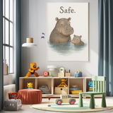 Safe Hippo Family Watercolour Nursery Children's Room Wall Decor Print