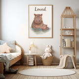 Loved Hippo Family Watercolour Nursery Children's Room Wall Decor Print