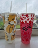 Personalised Name Football Tumbler Venti Cold Cup 24oz - With Straw (Design Colour Can Be Chosen)