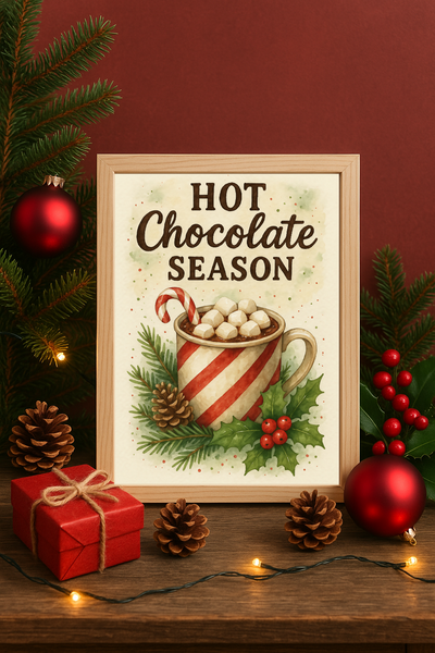 Hot Chocolate Season Wall Art – Festive Mug with Marshmallows Christmas Print