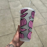 Autumn Halloween Pumpkin Bat Print Tumbler Venti Cold Cup 24oz - With Straw